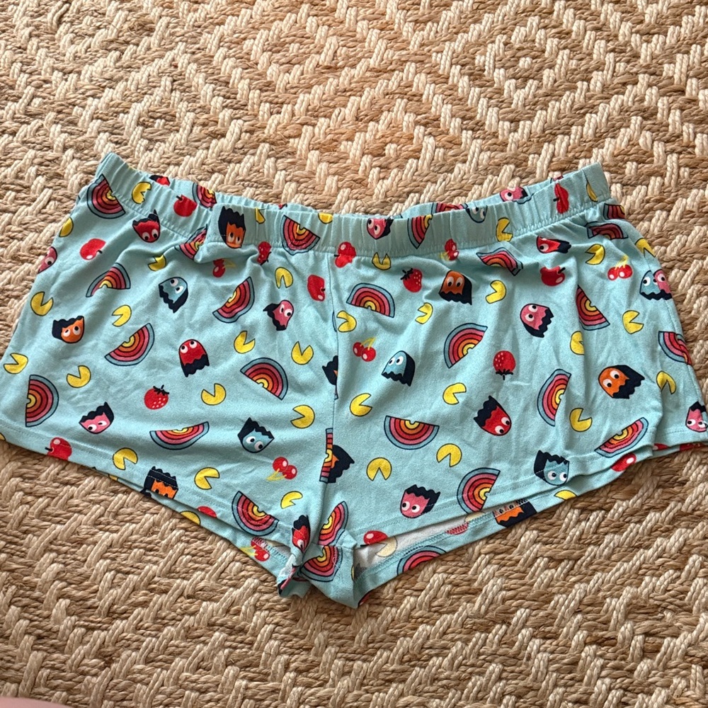 Light Blue Sleep Shorts with Fun Rainbow & Pac Man Character Print